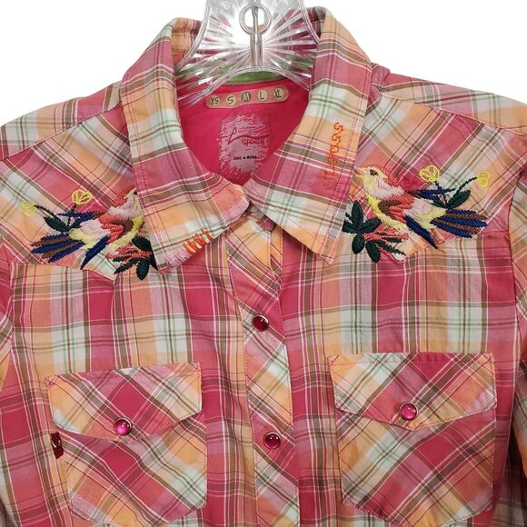 Vigoss M Shirt Girlie Western Pearl Snap Buttons Plaid Embroidered Floral Bird - Picture 4 of 13
